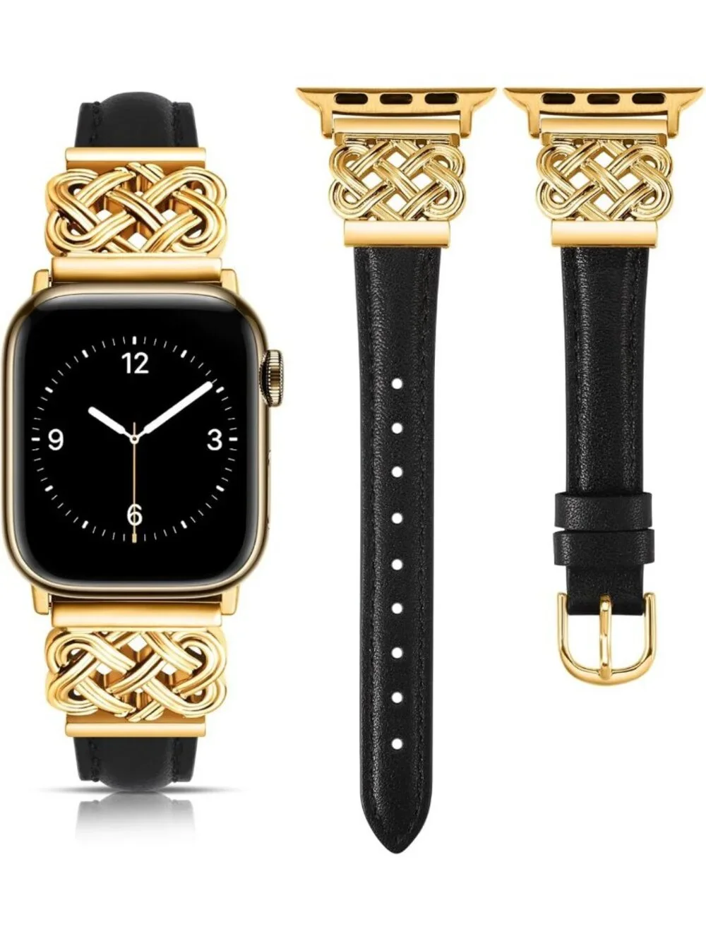 Stylish Slim Leather Apple Watch Band for Women - Celtic Knot Buckle, Black/Gold